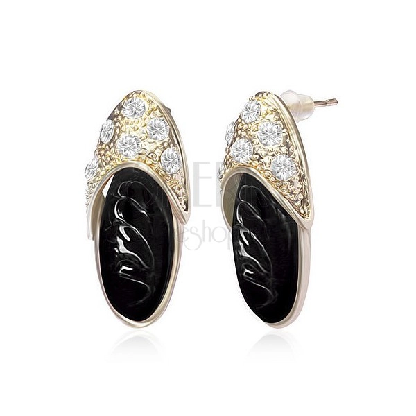 Oval earrings - zirconic slippers, black