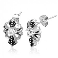 Steel earrings - patinated cross, royal symbol, zircon