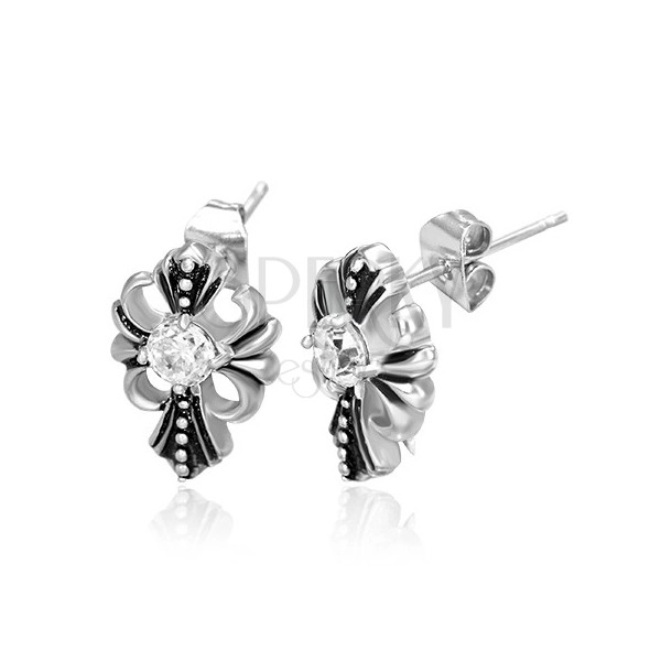 Steel earrings - patinated cross, royal symbol, zircon