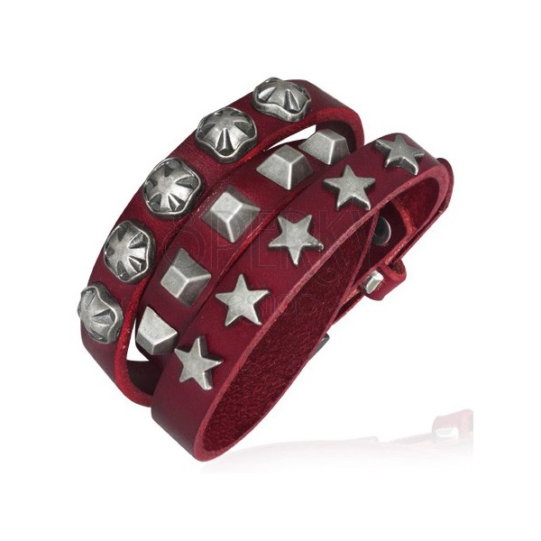Narrow leather bracelet - stars and pyramids, red