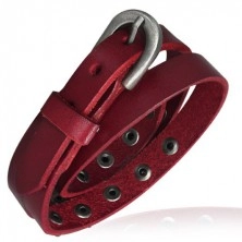 Narrow leather bracelet - stars and pyramids, red