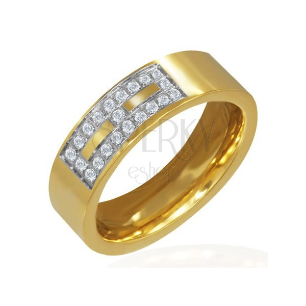 Steel ring in gold colour - zircon pattern
