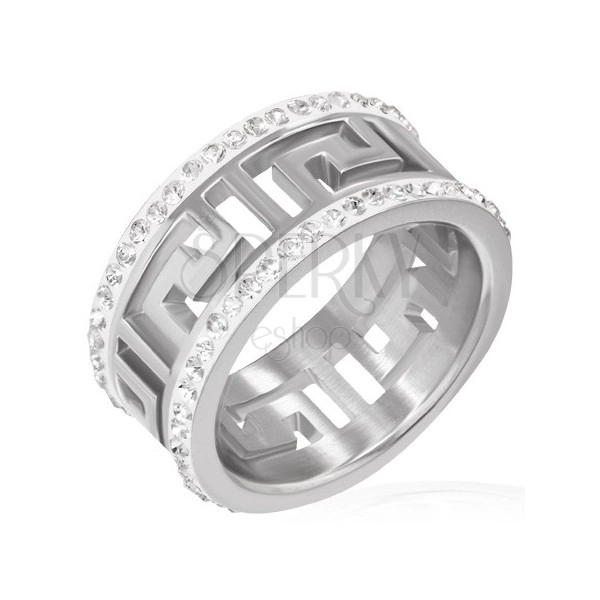 Steel ring - cut Greek symbol, sparkling stripes