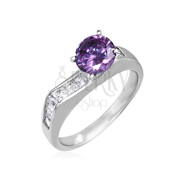 Steel ring - expressive violet stone, square zircons