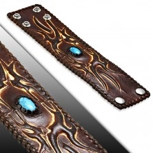 Genuine leather bracelet - 3D flames, turquoise rhinestone