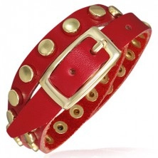 Red leather bracelet - belt with golden studs