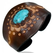 Leather flexible bracelet - oval turquoise stone, ornaments