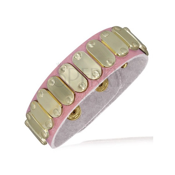 Light-pink genuine leather bracelet - golden ovals