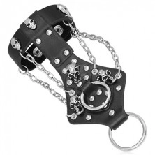 Finger leather bracelet - 3D skulls, chain, ring