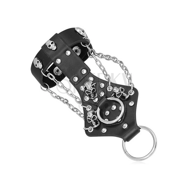 Finger leather bracelet - 3D skulls, chain, ring
