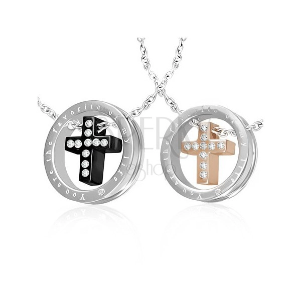 Couple pendants - cross with zircon in a ring, black, golden