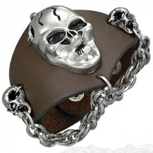 Leather bracelet - furious skulls, chain, brown