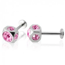 Cube labret with zircons - pink colour