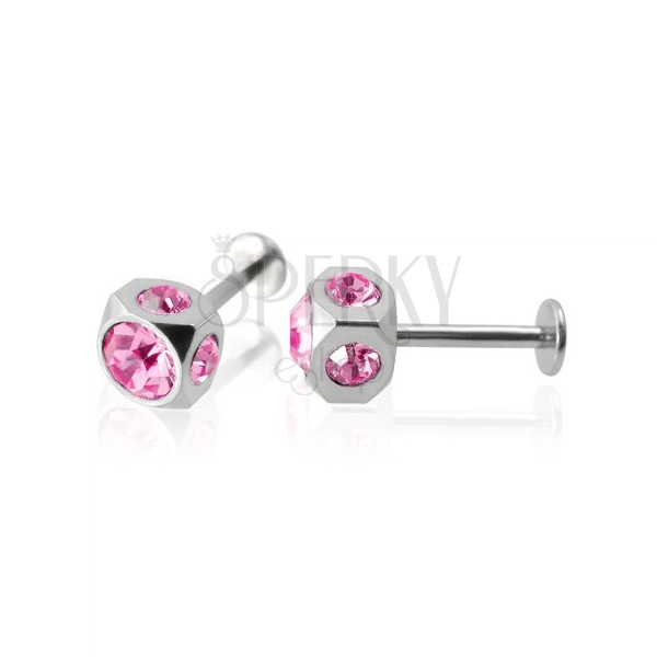 Cube labret with zircons - pink colour