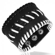 Genuine leather bracelet - cross stitching, black colour