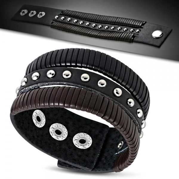 Genuine leather bracelet - studded, black and brown stripes