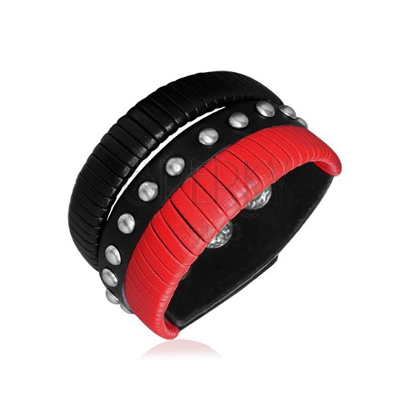 Genuine leather bracelet - red and black stripes, studs