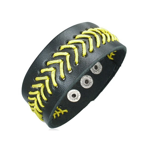 Black genuine leather bracelet - yellow stitched tree