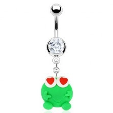 Belly button ring - green Fimo frog, hearts