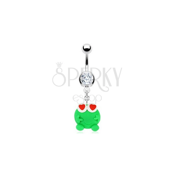 Belly button ring - green Fimo frog, hearts