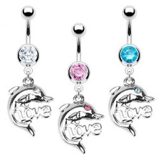 Steel belly button ring - dolphin, Love