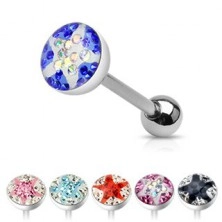 Tongue barbell - colorful gem stones under transparent layer, star