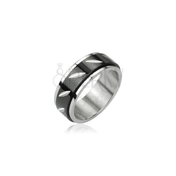Steel ring with rotatable black center - cut-outs