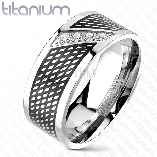 Titanium ring - black and silver colour, diagonal line of zircons