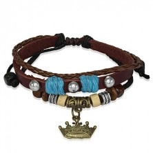 Leather bracelet with wooden ball beads, royal crown