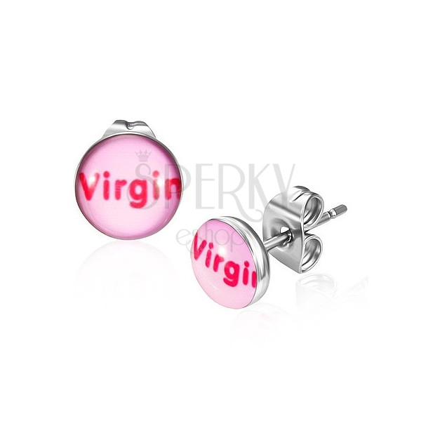 Stainless steel earrings - pink with "Virgin" inscription