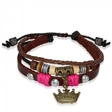 Leather bracelet with beads, royal crown - pink rope