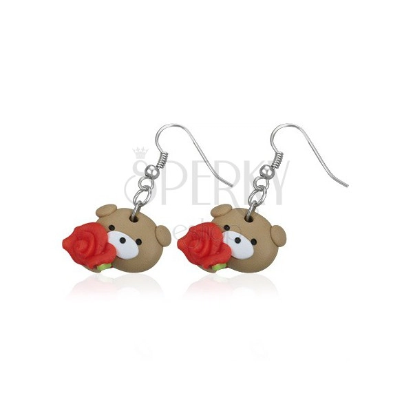 Fimo earrings - bear with red rose