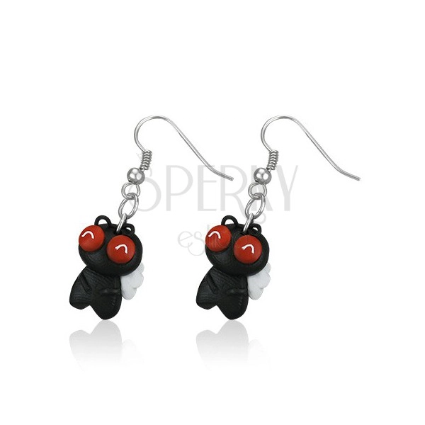 Fimo earrings - happy black fly, white wings