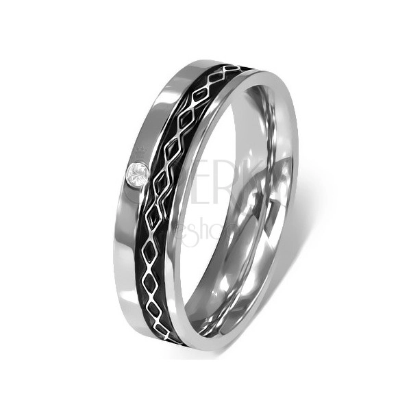 Stainless steel ring - Celtic design, clear zircon
