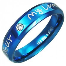 Steel ring - blue colour, love inscription