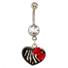 Belly button ring - heart dangle, zebra pattern with bow