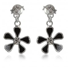 Dangle silver earrings 925 - black flower on chain