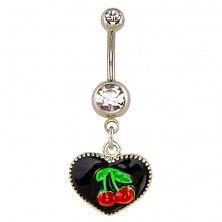 Belly button ring - black enameled heart with cherry
