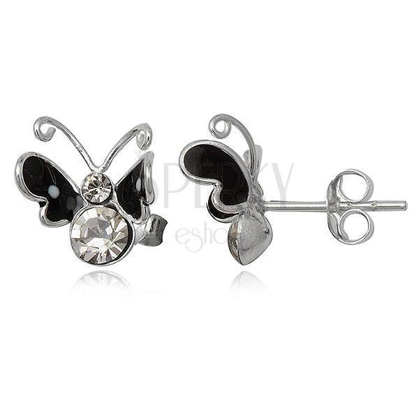 Sterling silver earrings 925 - black flying butterfly, zircons
