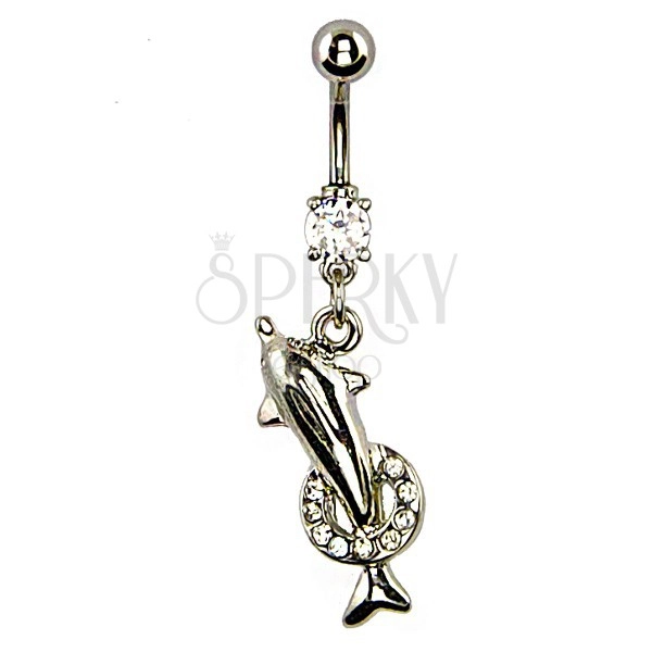 Belly ring - dolphin jumping through hoop with zircons