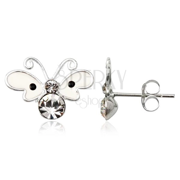 Silver earrings 925 - beige butterfly with dot, zircon
