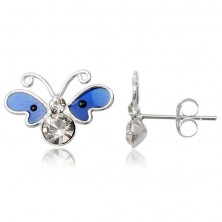 Silver butterfly earrings 925 - dark blue enameled wings, zircons
