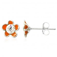 Silver 925 earrings - orange enameled flower with zircon