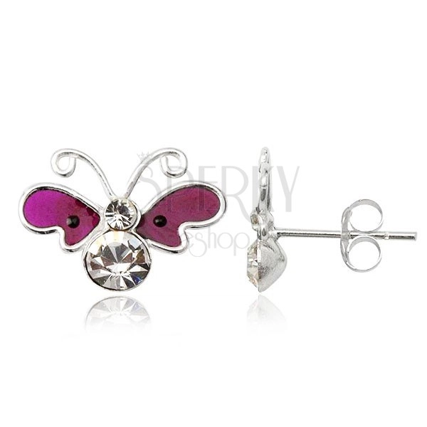 Silver 925 earrings - butterfly, purple wings, zirconic body