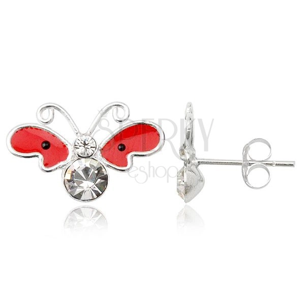 Sterling silver earrings 925 - butterfly, red wing, black dots