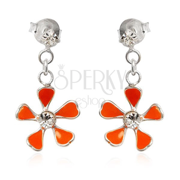 Stud silver earrings 925 - orange flower on chain