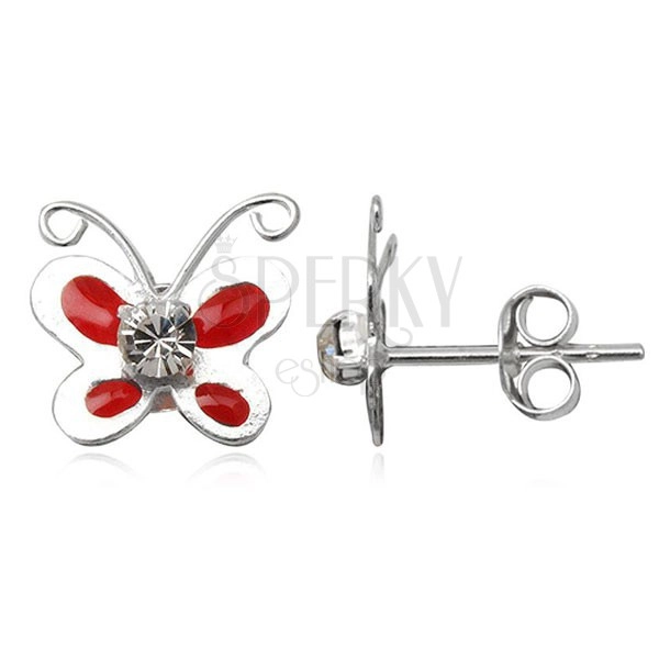 Earrings made of sterling silver 925 - red enameled butterfly, zircon