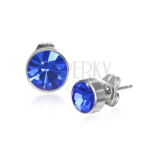 Round stud steel earrings - dark blue zircon
