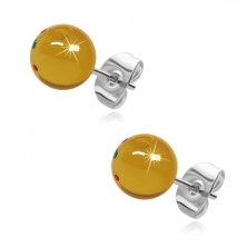 Stainless steel earrings - yellow beads made of synthetic amber, 8 mm