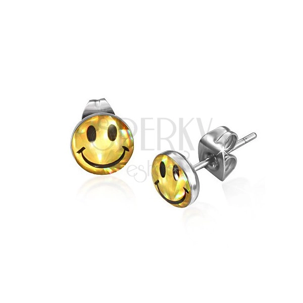 Round steel earrings - reflexive yellow smiley